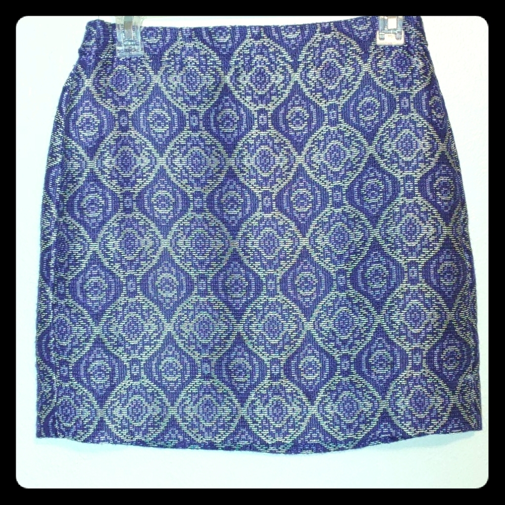 J. Crew, navy patterned skirt.